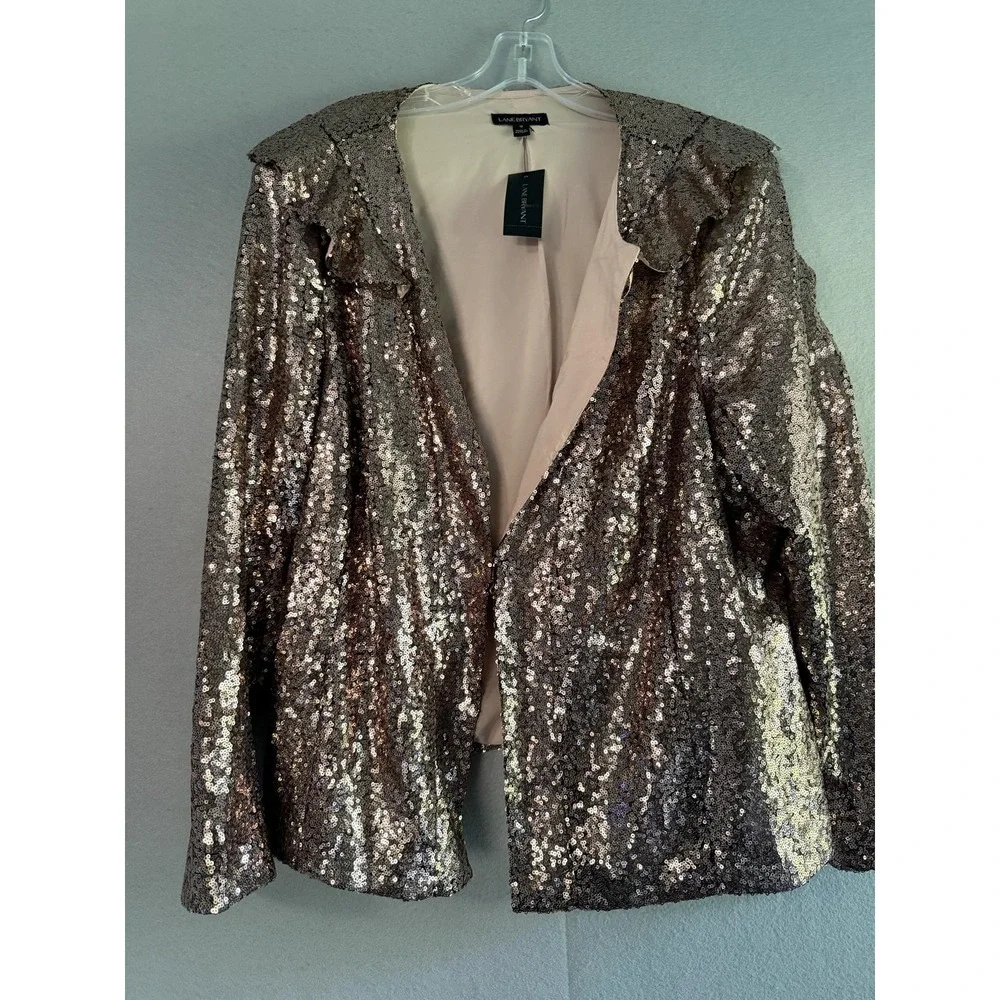 Lane Bryant Blazer Womens 18 Gold Sequin Open Front Lined Party Jacket Plus